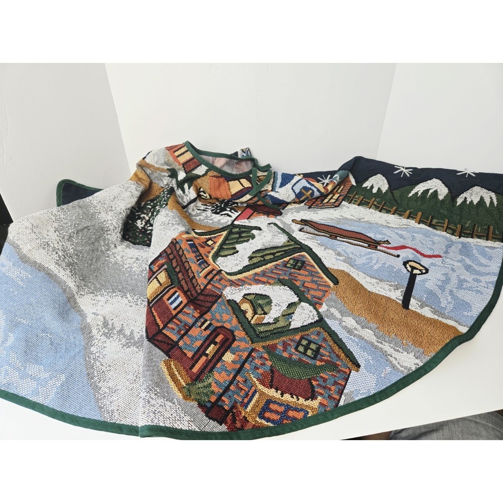 Christmas tapestry tree skirt Christmas Village round 51"